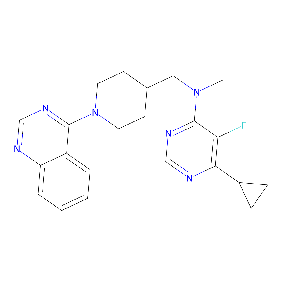 6-cyclopropyl-5-fluoro-N-methyl-N-{[1-(quinazolin-4-yl)piperidin-4-yl]methyl}pyrimidin-4-amine molecular structure, CAS 2742036-41-3
