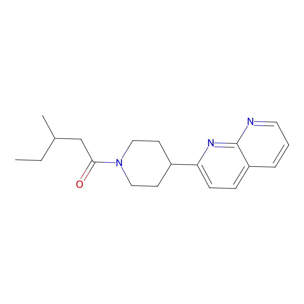 3-Methyl-1-[4-(1,8-naphthyridin-2-yl)piperidin-1-yl]pentan-1-one molecular structure, CAS 2742036-47-9
