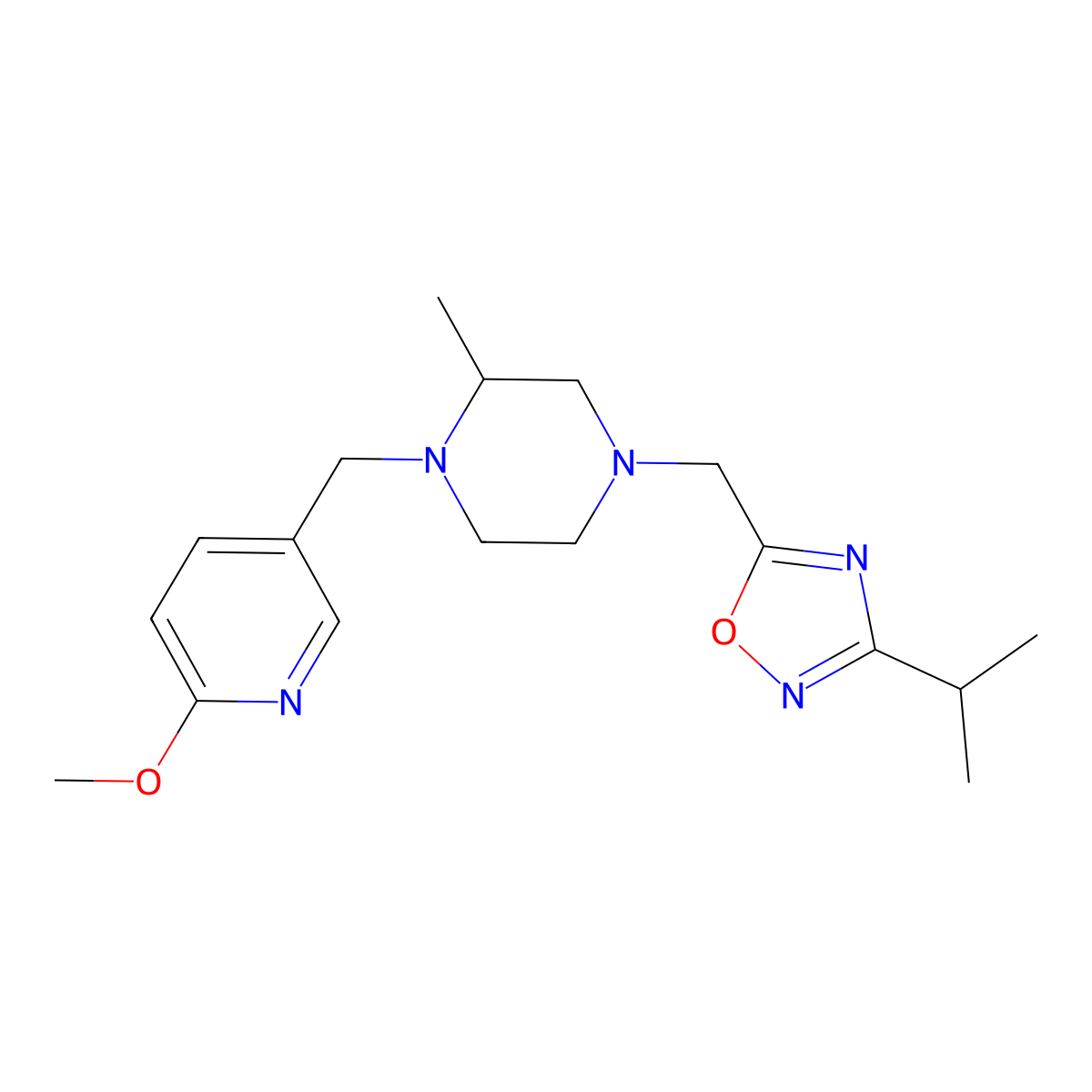 1-[(6-Methoxypyridin-3-yl)methyl]-2-methyl-4-{[3-(propan-2-yl)-1,2,4-oxadiazol-5-yl]methyl}piperazine molecular structure, CAS 2742036-49-1