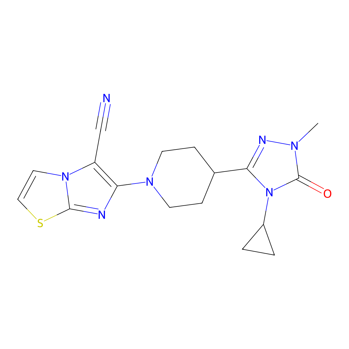 6-[4-(4-cyclopropyl-1-methyl-5-oxo-4,5-dihydro-1H-1,2,4-triazol-3-yl)piperidin-1-yl]imidazo[2,1-b][1,3]thiazole-5-carbonitrile molecular structure, CAS 2742036-53-7