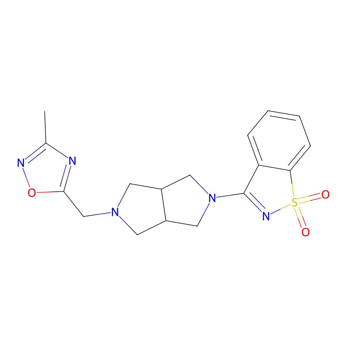3-[2-[(3-Methyl-1,2,4-oxadiazol-5-yl)methyl]-1,3,3a,4,6,6a-hexahydropyrrolo[3,4-c]pyrrol-5-yl]-1,2-benzothiazole 1,1-dioxide molecular structure, CAS 2742036-71-9