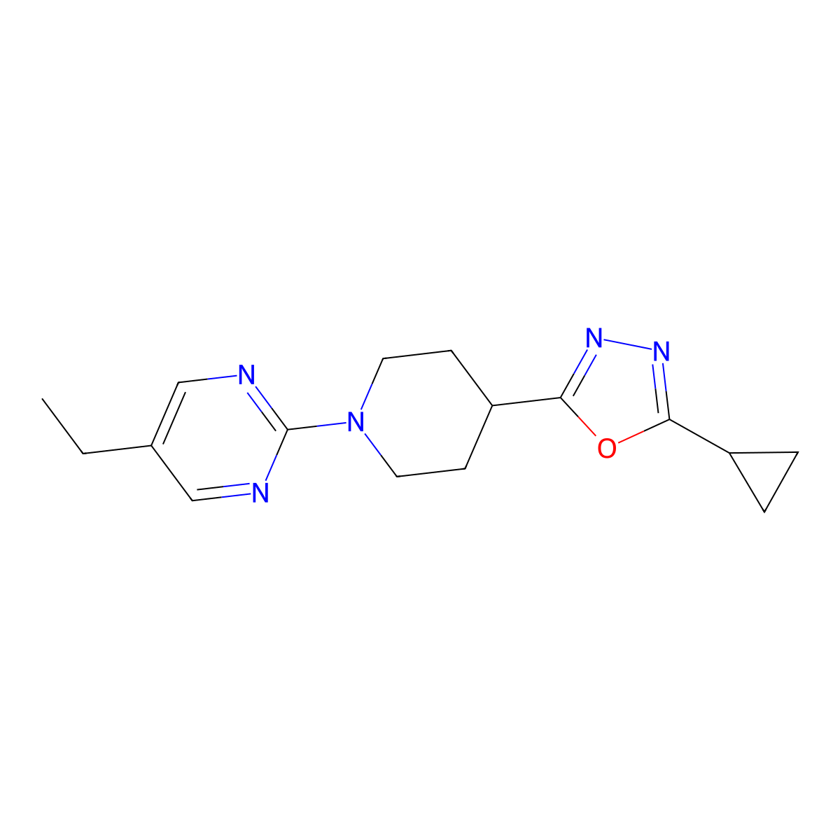 2-[4-(5-Cyclopropyl-1,3,4-oxadiazol-2-yl)piperidin-1-yl]-5-ethylpyrimidine molecular structure, CAS 2742036-82-2