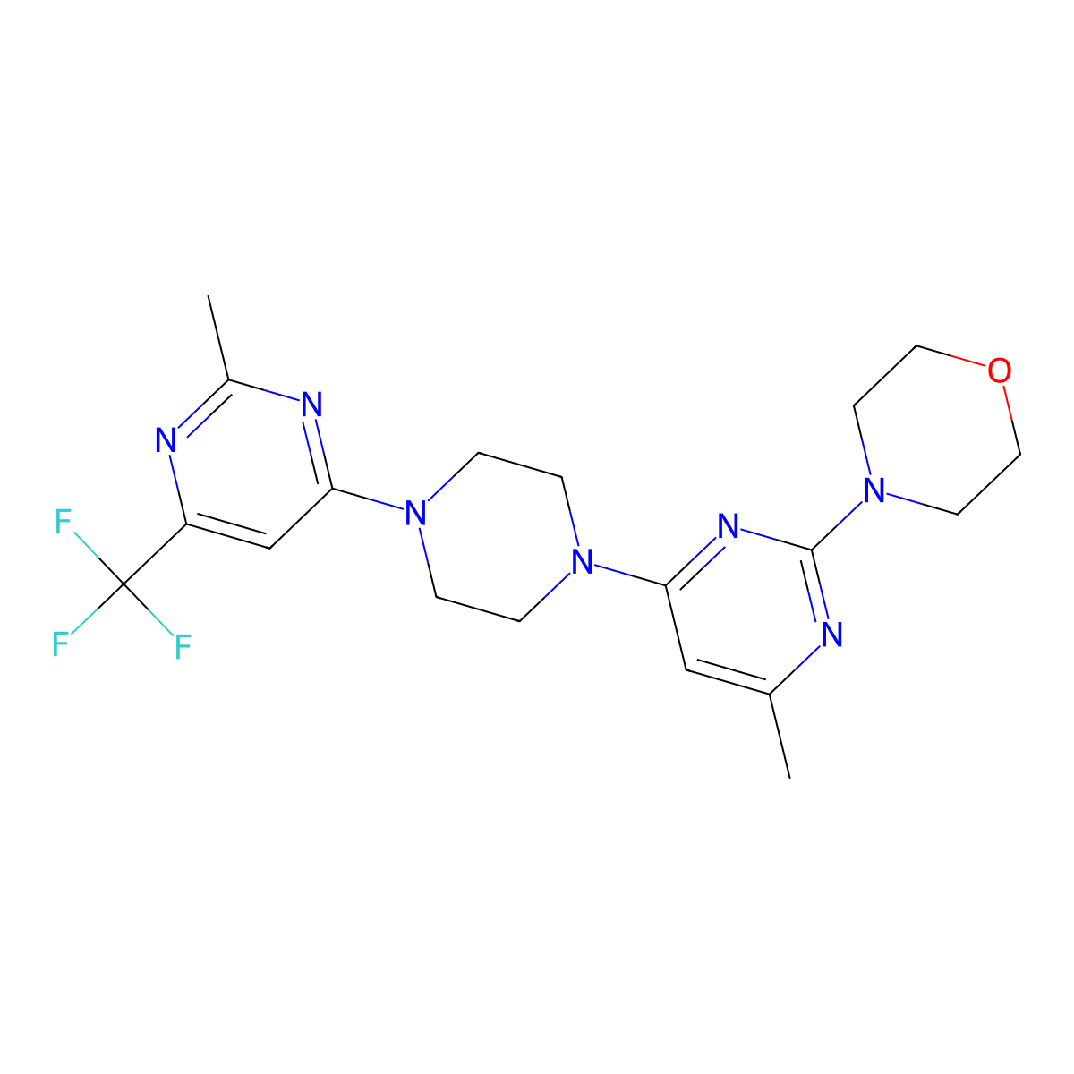 4-(4-Methyl-6-{4-[2-methyl-6-(trifluoromethyl)pyrimidin-4-yl]piperazin-1-yl}pyrimidin-2-yl)morpholine molecular structure, CAS 2742037-06-3