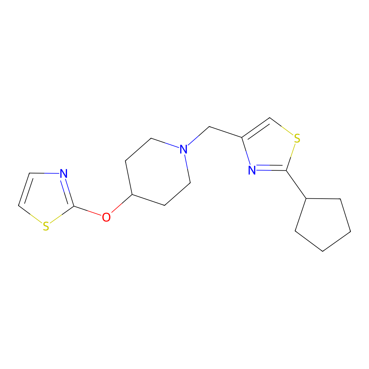 1-[(2-Cyclopentyl-1,3-thiazol-4-yl)methyl]-4-(1,3-thiazol-2-yloxy)piperidine molecular structure, CAS 2742037-15-4