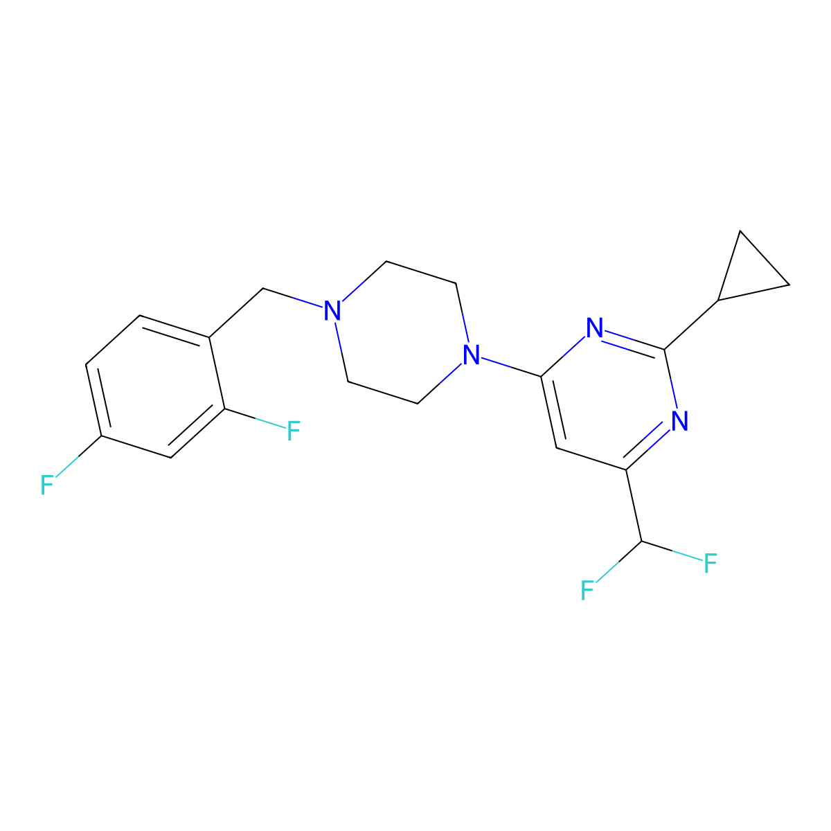 2-Cyclopropyl-4-(difluoromethyl)-6-{4-[(2,4-difluorophenyl)methyl]piperazin-1-yl}pyrimidine molecular structure, CAS 2742037-17-6