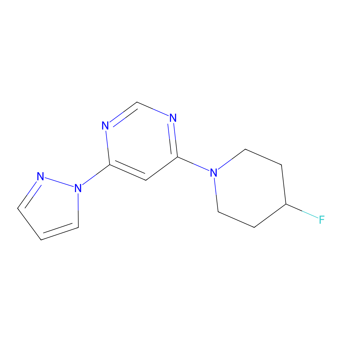4-(4-fluoropiperidin-1-yl)-6-(1H-pyrazol-1-yl)pyrimidine molecular structure, CAS 2742037-18-7