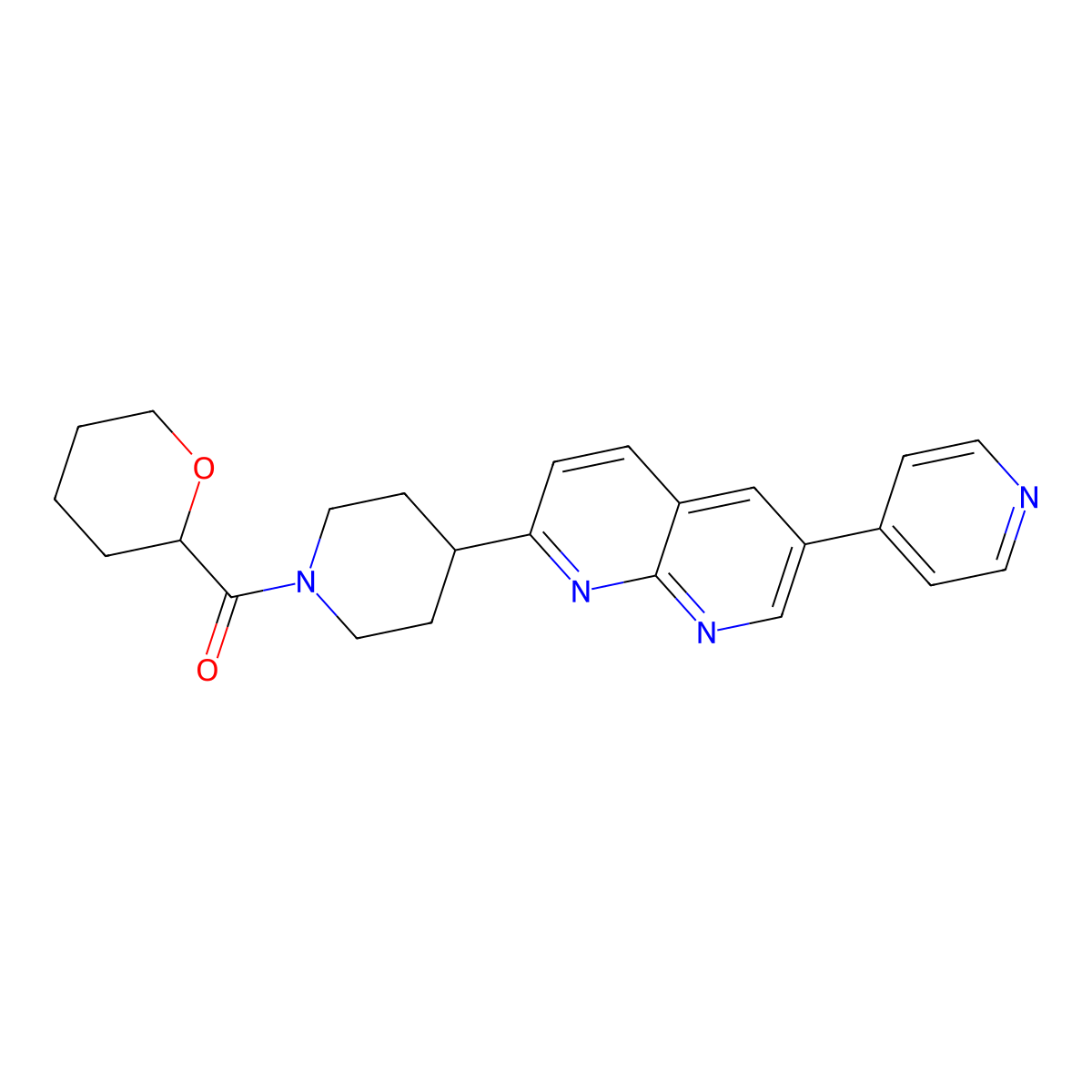 2-[1-(Oxane-2-carbonyl)piperidin-4-yl]-6-(pyridin-4-yl)-1,8-naphthyridine molecular structure, CAS 2742037-22-3