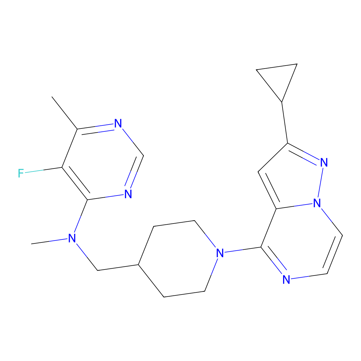 N-[(1-{2-cyclopropylpyrazolo[1,5-a]pyrazin-4-yl}piperidin-4-yl)methyl]-5-fluoro-N,6-dimethylpyrimidin-4-amine molecular structure, CAS 2742037-26-7