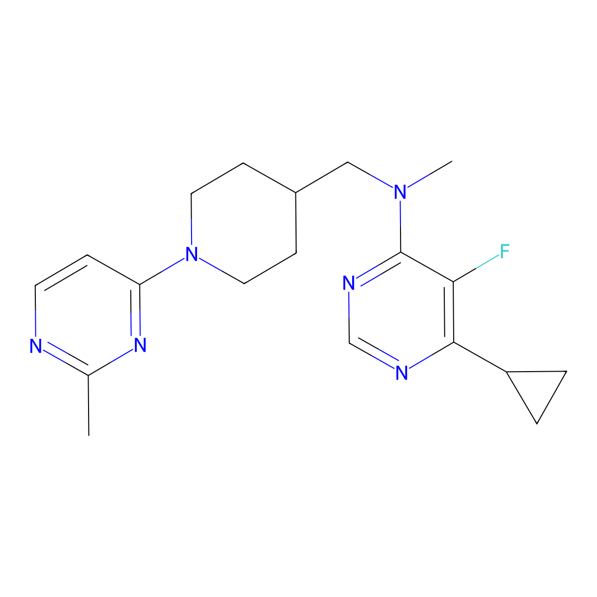 6-cyclopropyl-5-fluoro-N-methyl-N-{[1-(2-methylpyrimidin-4-yl)piperidin-4-yl]methyl}pyrimidin-4-amine molecular structure, CAS 2742037-28-9