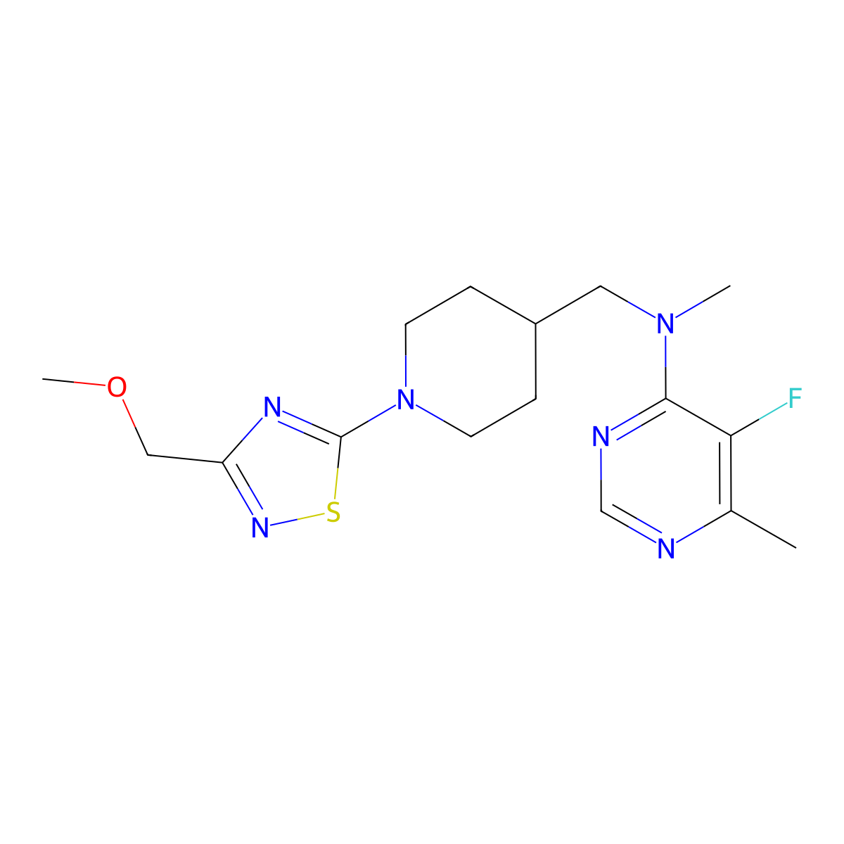 5-fluoro-N-({1-[3-(methoxymethyl)-1,2,4-thiadiazol-5-yl]piperidin-4-yl}methyl)-N,6-dimethylpyrimidin-4-amine molecular structure, CAS 2742037-32-5