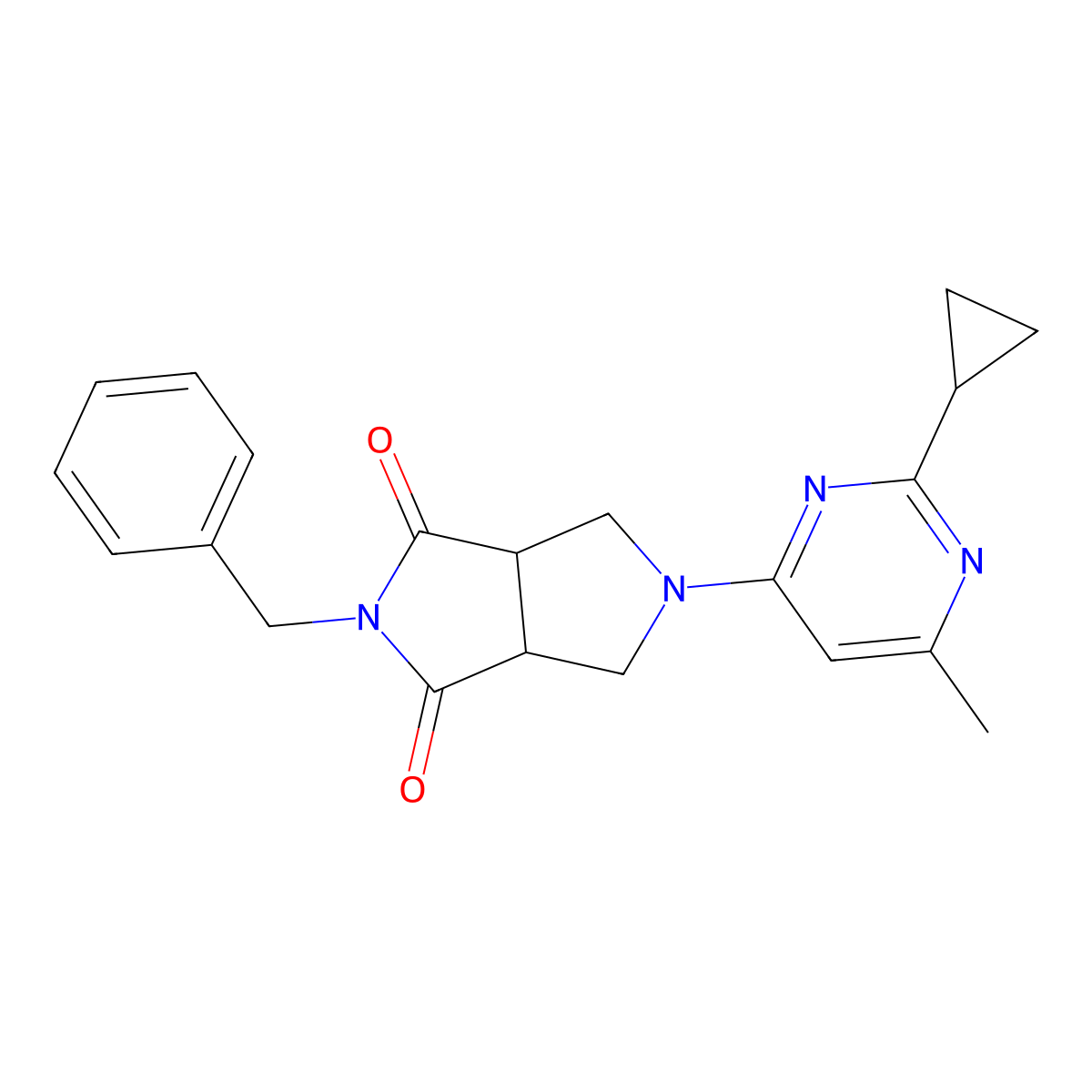 2-Benzyl-5-(2-cyclopropyl-6-methylpyrimidin-4-yl)-octahydropyrrolo[3,4-c]pyrrole-1,3-dione molecular structure, CAS 2742037-36-9