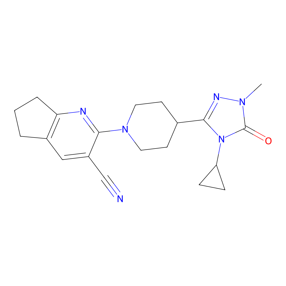 2-[4-(4-cyclopropyl-1-methyl-5-oxo-4,5-dihydro-1H-1,2,4-triazol-3-yl)piperidin-1-yl]-5H,6H,7H-cyclopenta[b]pyridine-3-carbonitrile molecular structure, CAS 2742037-38-1