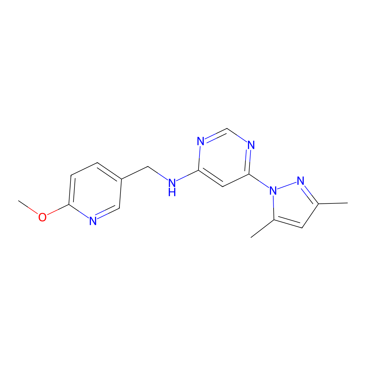 6-(3,5-dimethyl-1H-pyrazol-1-yl)-N-[(6-methoxypyridin-3-yl)methyl]pyrimidin-4-amine molecular structure, CAS 2742037-40-5