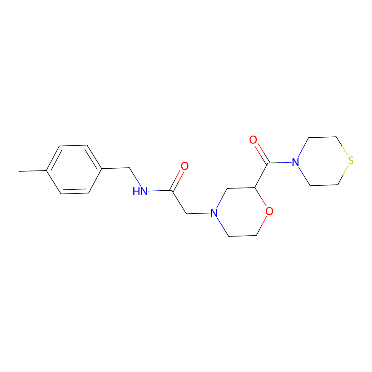 N-[(4-methylphenyl)methyl]-2-[2-(thiomorpholine-4-carbonyl)morpholin-4-yl]acetamide molecular structure, CAS 2742037-41-6