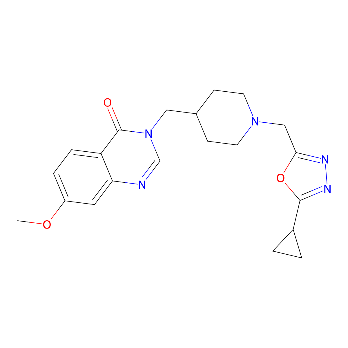 3-({1-[(5-Cyclopropyl-1,3,4-oxadiazol-2-yl)methyl]piperidin-4-yl}methyl)-7-methoxy-3,4-dihydroquinazolin-4-one molecular structure, CAS 2742037-45-0