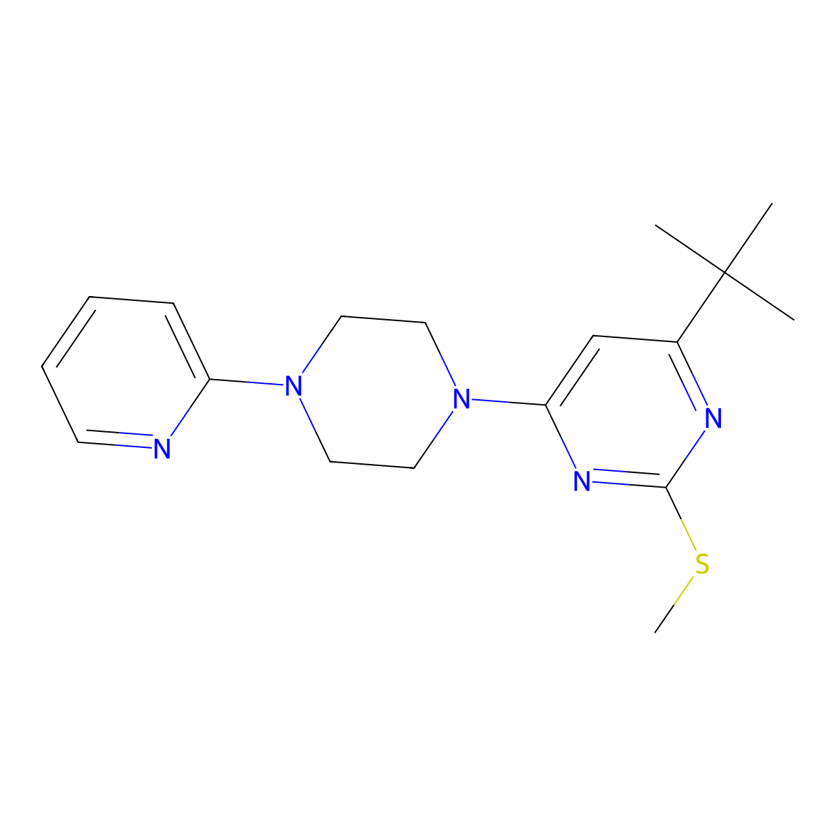 4-Tert-butyl-2-(methylsulfanyl)-6-[4-(pyridin-2-yl)piperazin-1-yl]pyrimidine molecular structure, CAS 2742037-46-1