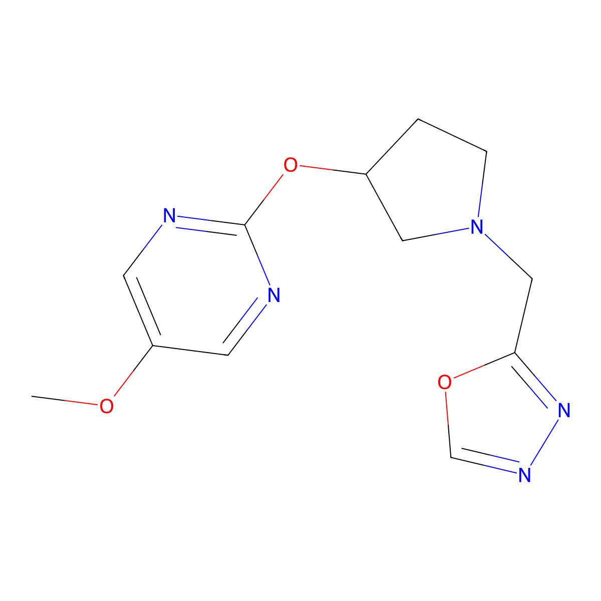 5-Methoxy-2-({1-[(1,3,4-oxadiazol-2-yl)methyl]pyrrolidin-3-yl}oxy)pyrimidine molecular structure, CAS 2742037-51-8