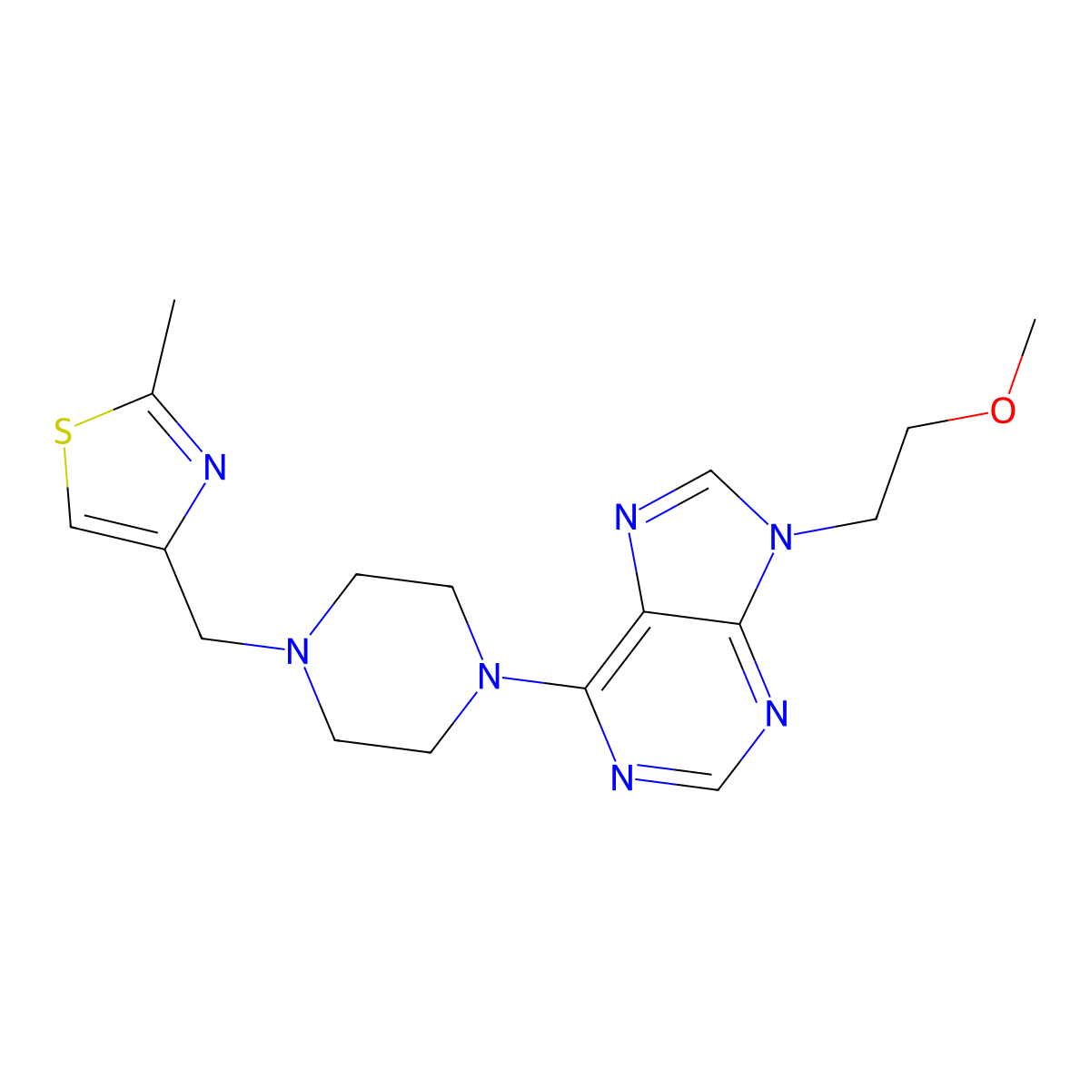 9-(2-methoxyethyl)-6-{4-[(2-methyl-1,3-thiazol-4-yl)methyl]piperazin-1-yl}-9H-purine molecular structure, CAS 2742037-52-9