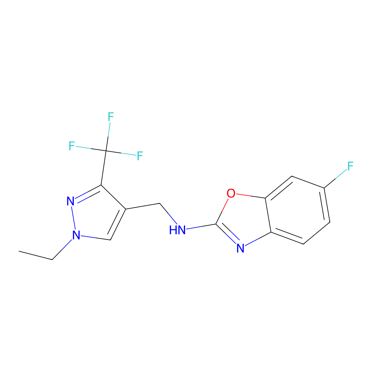 N-{[1-ethyl-3-(trifluoromethyl)-1H-pyrazol-4-yl]methyl}-6-fluoro-1,3-benzoxazol-2-amine molecular structure, CAS 2742037-56-3