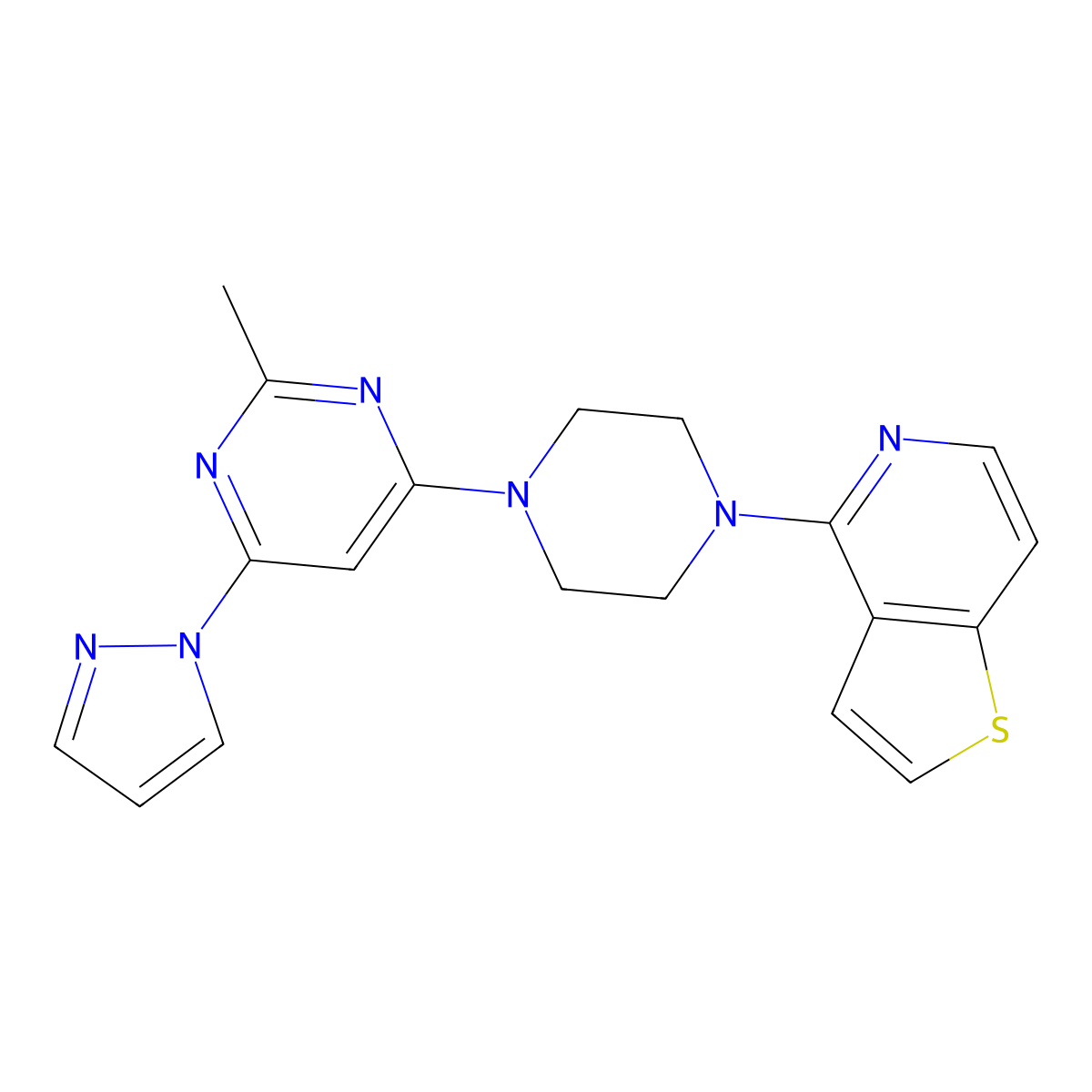 2-methyl-4-(1H-pyrazol-1-yl)-6-(4-{thieno[3,2-c]pyridin-4-yl}piperazin-1-yl)pyrimidine molecular structure, CAS 2742037-62-1