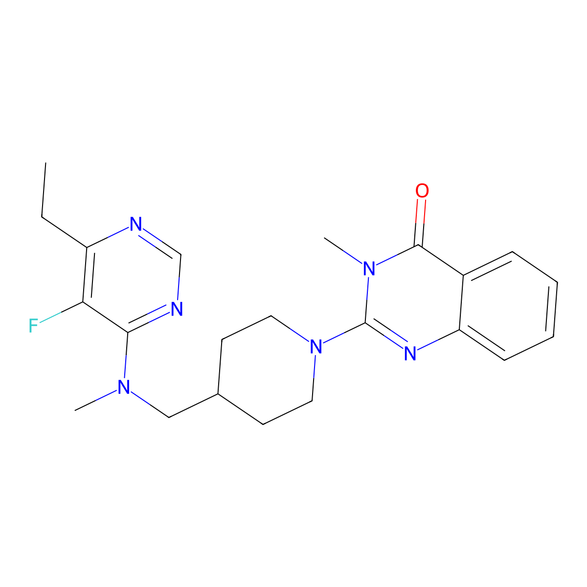2-(4-{[(6-Ethyl-5-fluoropyrimidin-4-yl)(methyl)amino]methyl}piperidin-1-yl)-3-methyl-3,4-dihydroquinazolin-4-one molecular structure, CAS 2742037-63-2