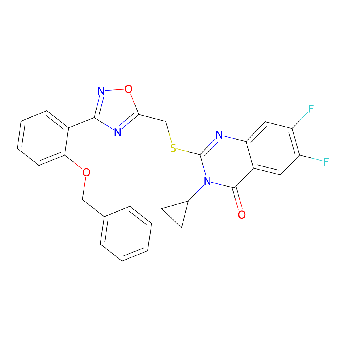 2-[({3-[2-(Benzyloxy)phenyl]-1,2,4-oxadiazol-5-yl}methyl)sulfanyl]-3-cyclopropyl-6,7-difluoro-3,4-dihydroquinazolin-4-one molecular structure, CAS 2742037-76-7