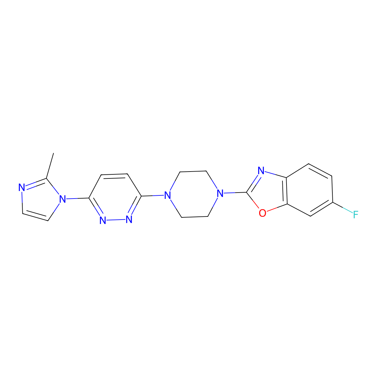 6-fluoro-2-{4-[6-(2-methyl-1H-imidazol-1-yl)pyridazin-3-yl]piperazin-1-yl}-1,3-benzoxazole molecular structure, CAS 2742037-77-8