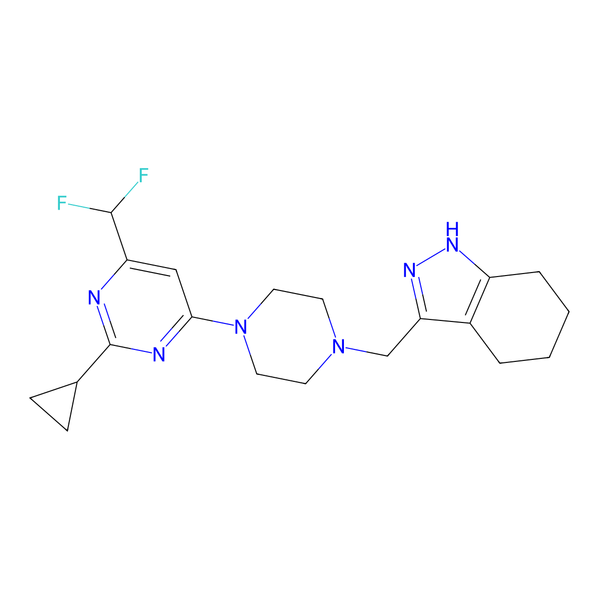 3-({4-[2-cyclopropyl-6-(difluoromethyl)pyrimidin-4-yl]piperazin-1-yl}methyl)-4,5,6,7-tetrahydro-1H-indazole molecular structure, CAS 2742037-81-4