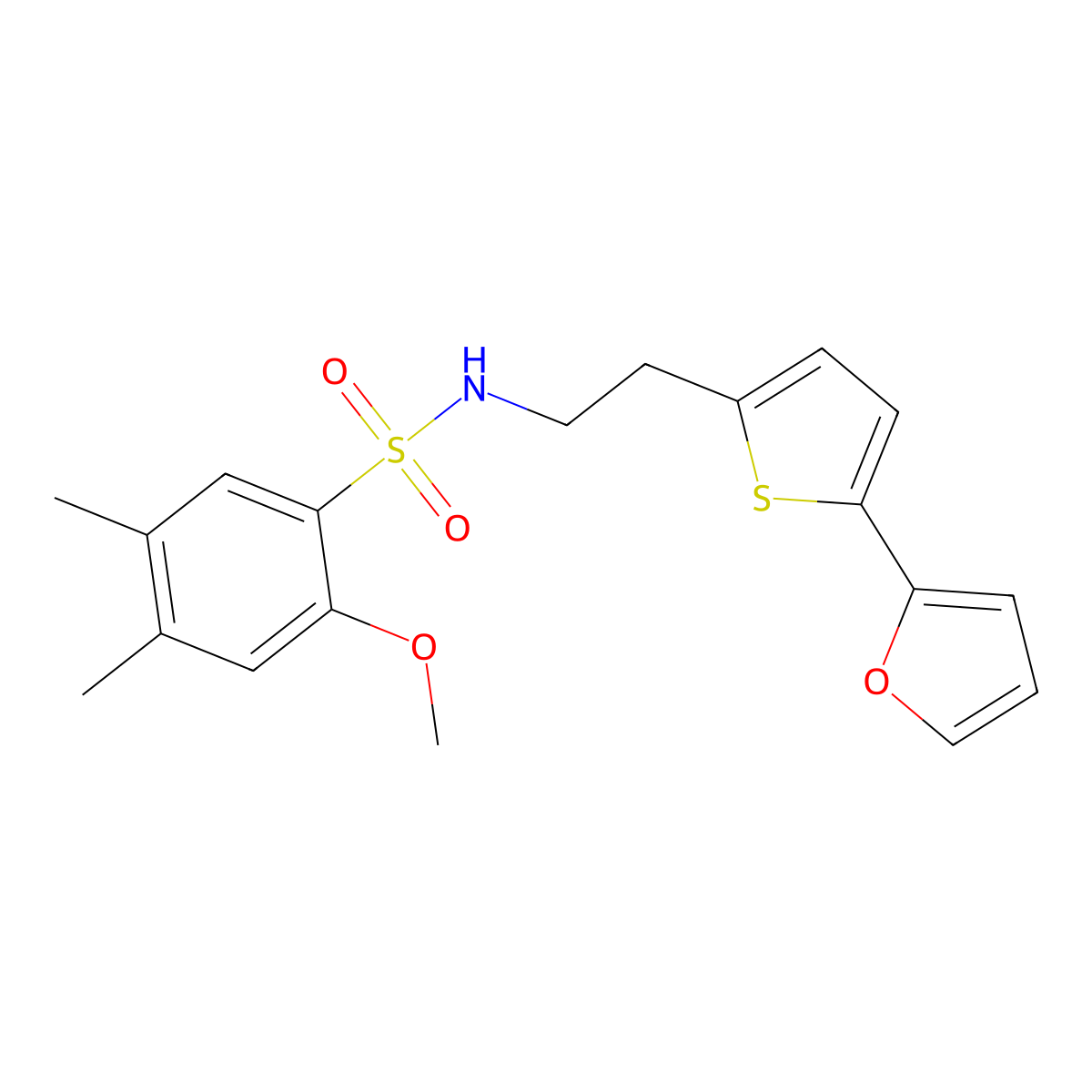 N-{2-[5-(furan-2-yl)thiophen-2-yl]ethyl}-2-methoxy-4,5-dimethylbenzene-1-sulfonamide molecular structure, CAS 2742037-82-5