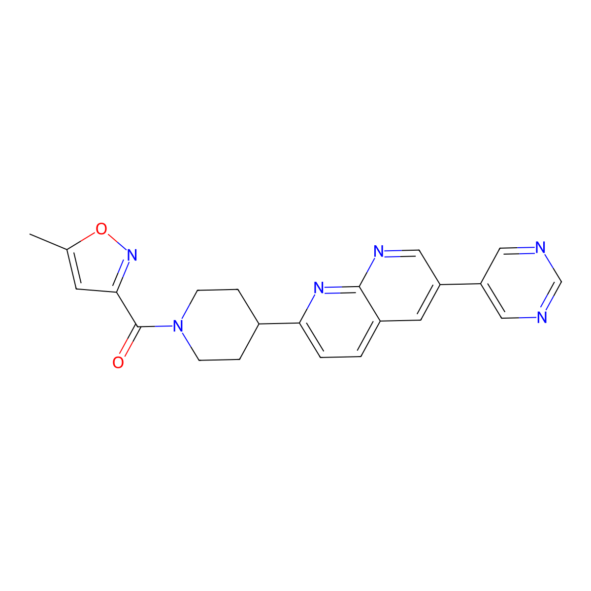 2-[1-(5-Methyl-1,2-oxazole-3-carbonyl)piperidin-4-yl]-6-(pyrimidin-5-yl)-1,8-naphthyridine molecular structure, CAS 2742037-86-9
