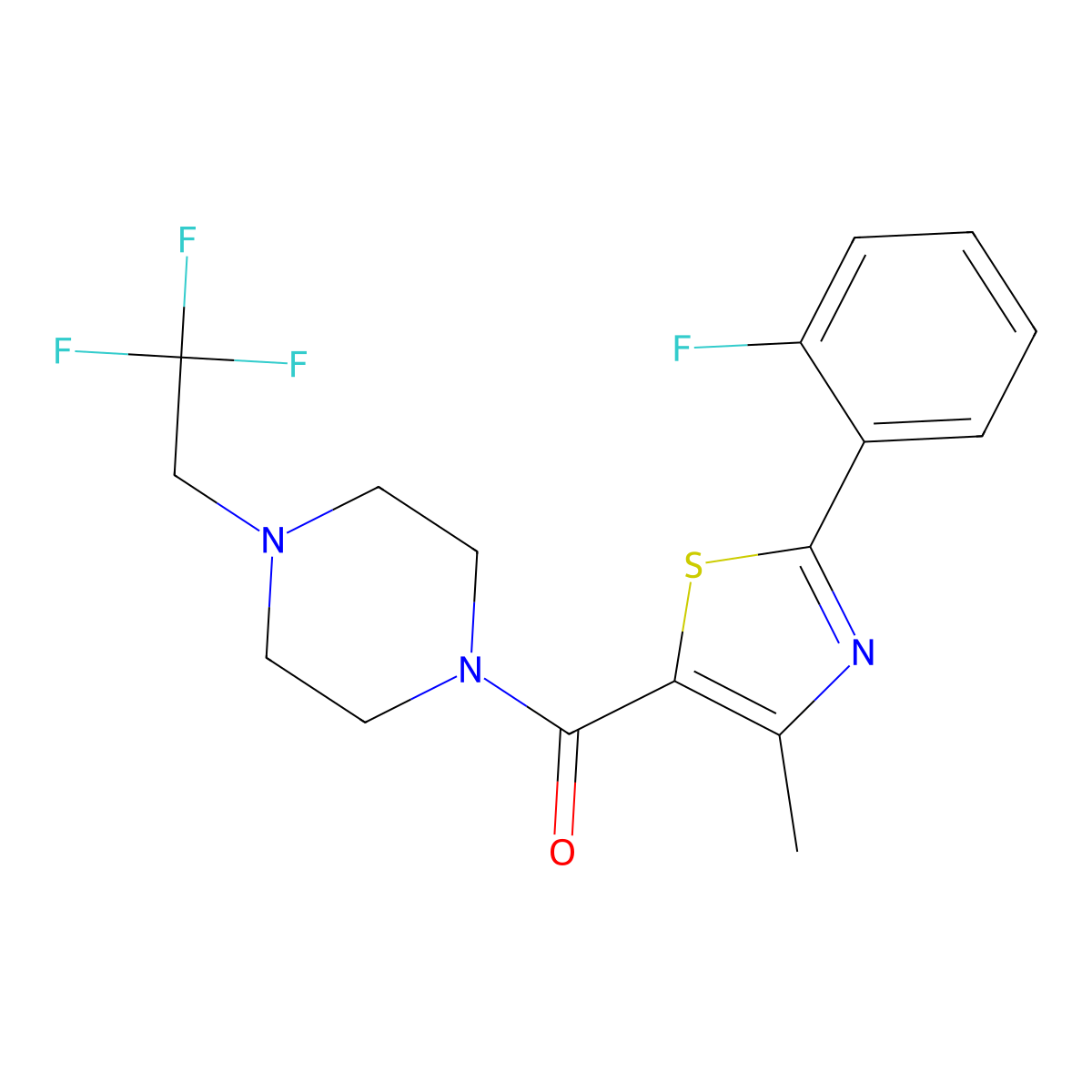 1-[2-(2-Fluorophenyl)-4-methyl-1,3-thiazole-5-carbonyl]-4-(2,2,2-trifluoroethyl)piperazine molecular structure, CAS 2742037-87-0