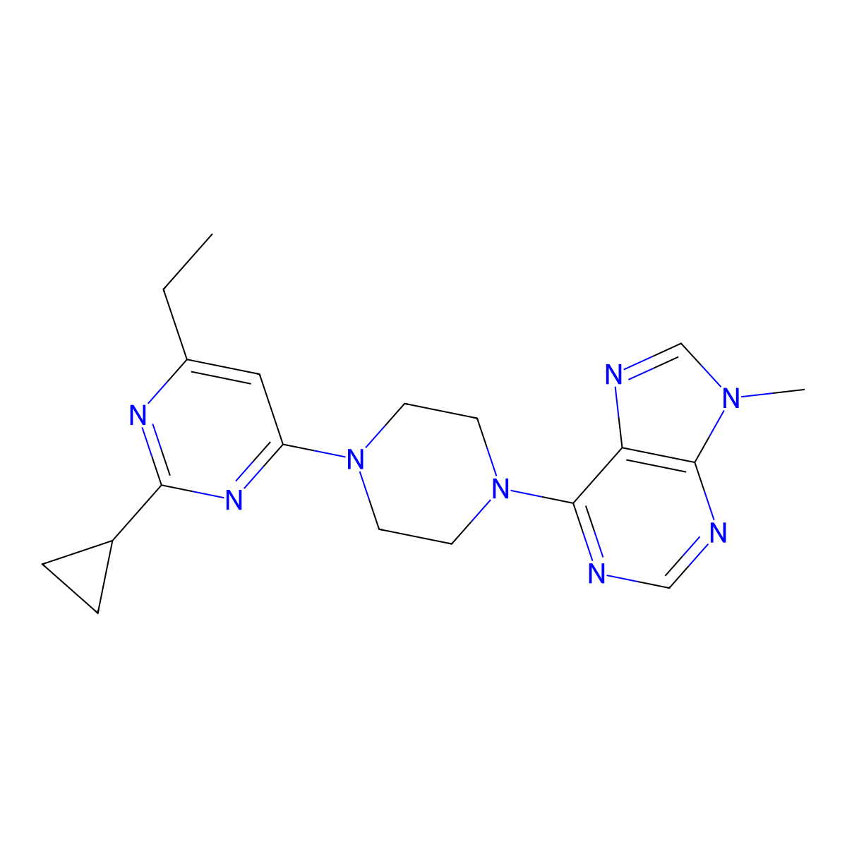 6-[4-(2-cyclopropyl-6-ethylpyrimidin-4-yl)piperazin-1-yl]-9-methyl-9H-purine molecular structure, CAS 2742037-88-1