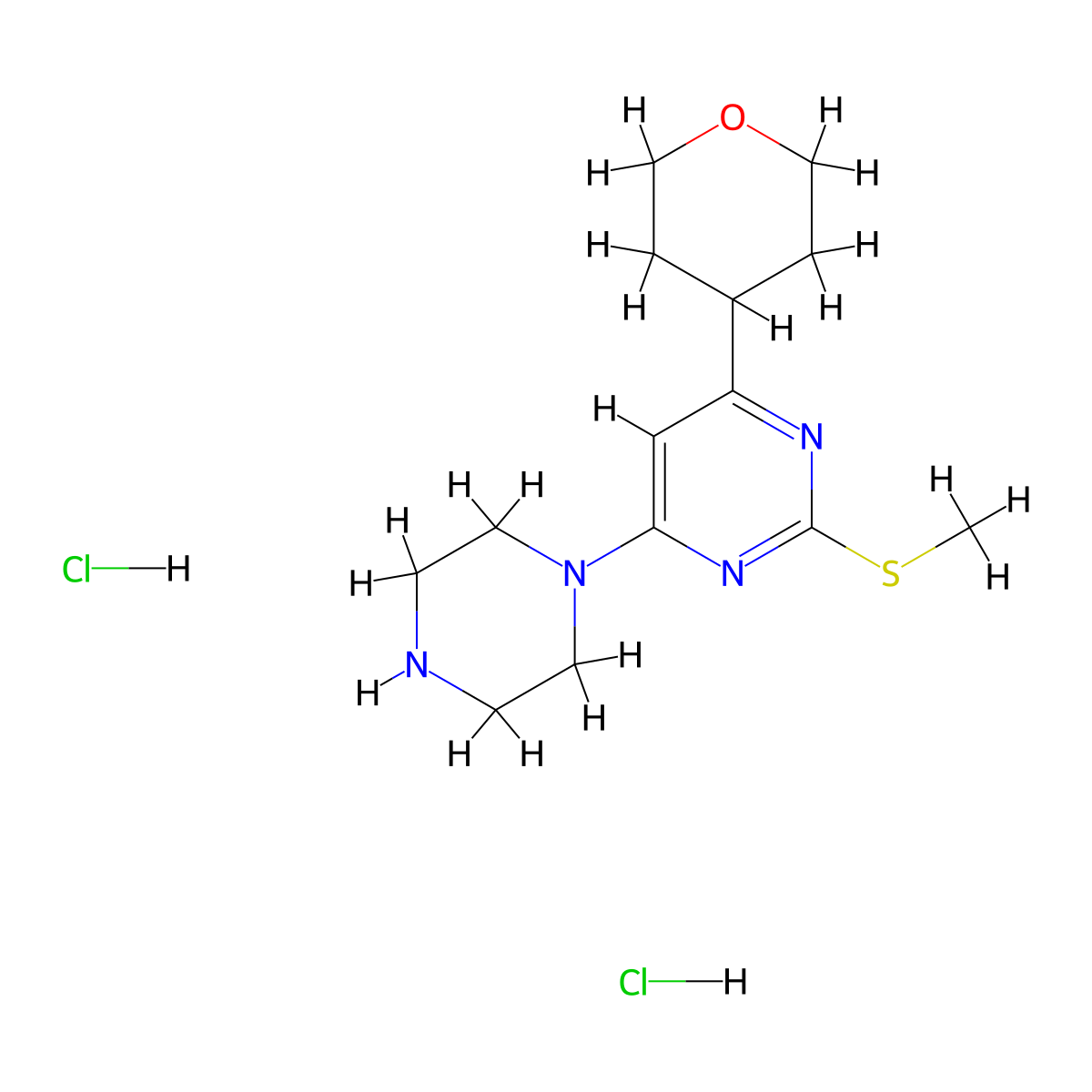 2-(Methylsulfanyl)-4-(oxan-4-yl)-6-(piperazin-1-yl)pyrimidine dihydrochloride molecular structure, CAS 2742037-90-5