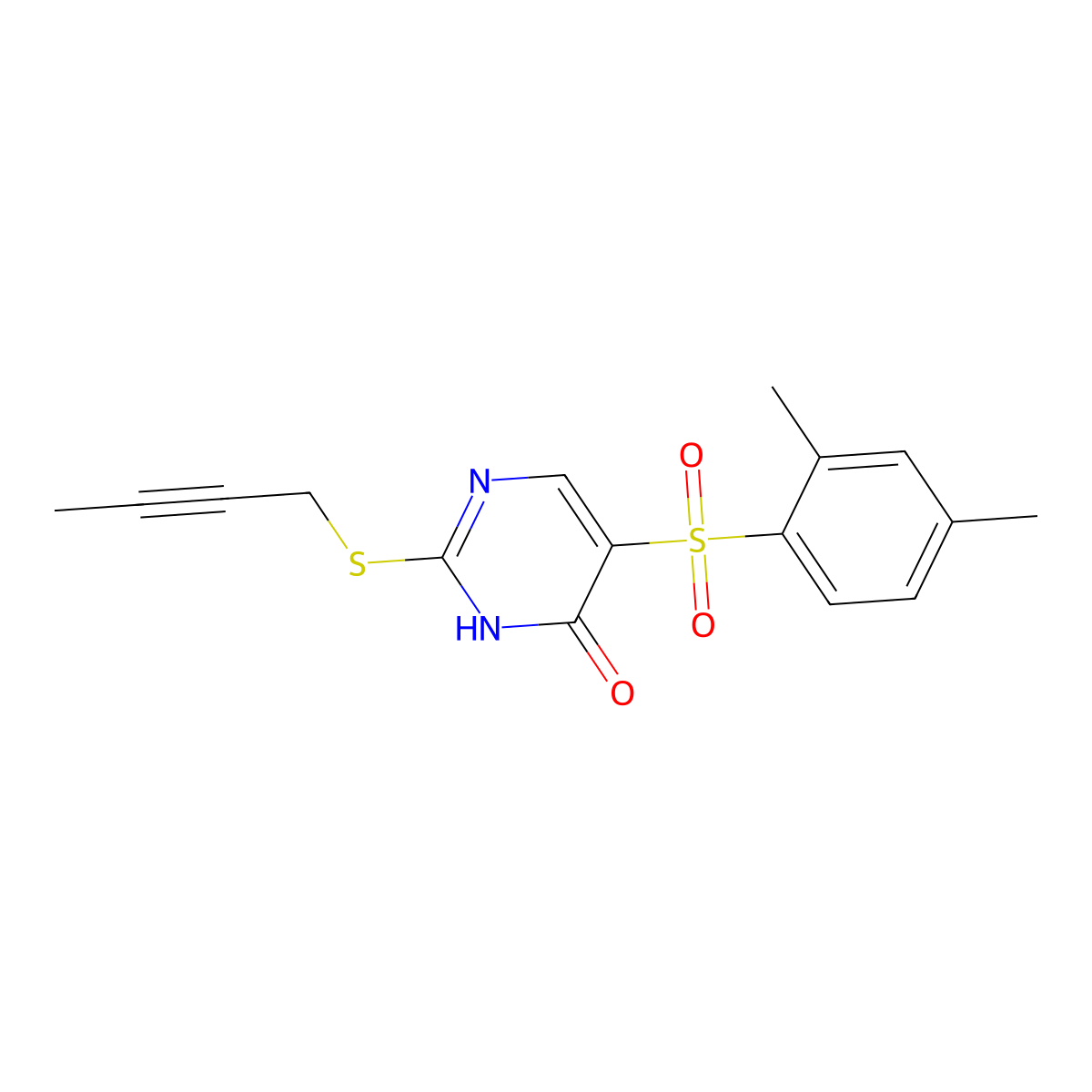 2-(But-2-yn-1-ylsulfanyl)-5-(2,4-dimethylbenzenesulfonyl)-3,4-dihydropyrimidin-4-one molecular structure, CAS 2742037-93-8