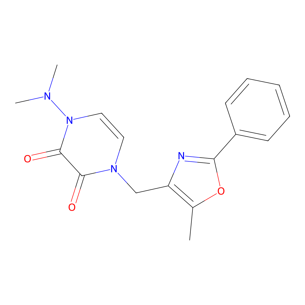 1-(Dimethylamino)-4-[(5-methyl-2-phenyl-1,3-oxazol-4-yl)methyl]-1,2,3,4-tetrahydropyrazine-2,3-dione molecular structure, CAS 2742037-95-0