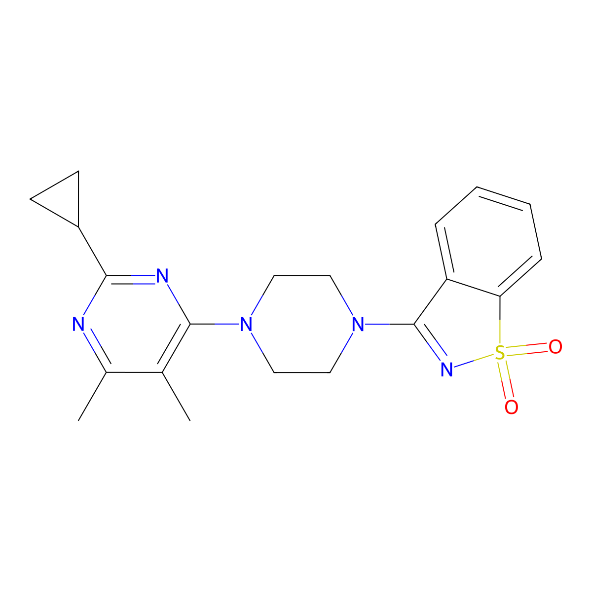 3-[4-(2-Cyclopropyl-5,6-dimethylpyrimidin-4-yl)piperazin-1-yl]-1,2-benzothiazole 1,1-dioxide molecular structure, CAS 2742037-96-1