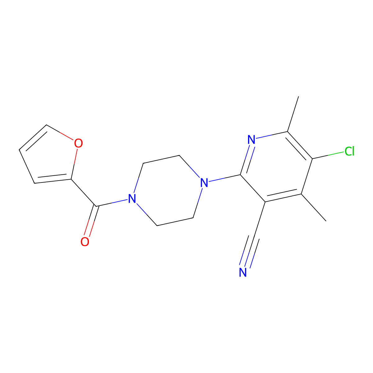 5-Chloro-2-[4-(furan-2-carbonyl)piperazin-1-yl]-4,6-dimethylpyridine-3-carbonitrile molecular structure, CAS 2742037-97-2