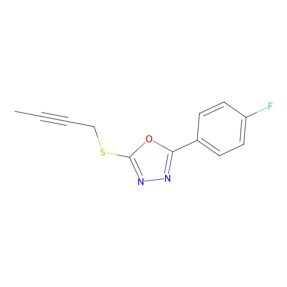 2-(But-2-yn-1-ylsulfanyl)-5-(4-fluorophenyl)-1,3,4-oxadiazole molecular structure, CAS 2742037-98-3