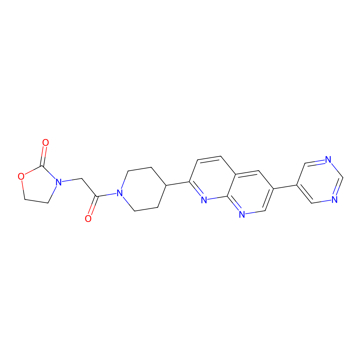 3-(2-Oxo-2-{4-[6-(pyrimidin-5-yl)-1,8-naphthyridin-2-yl]piperidin-1-yl}ethyl)-1,3-oxazolidin-2-one molecular structure, CAS 2742038-03-3