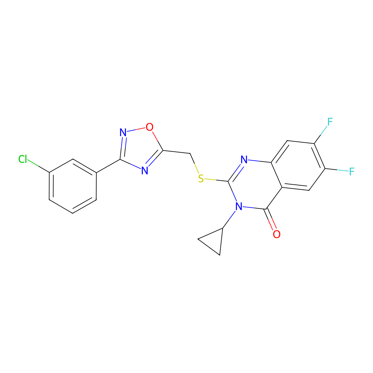 2-[[3-(3-Chlorophenyl)-1,2,4-oxadiazol-5-yl]methylsulfanyl]-3-cyclopropyl-6,7-difluoroquinazolin-4-one molecular structure, CAS 2742038-11-3