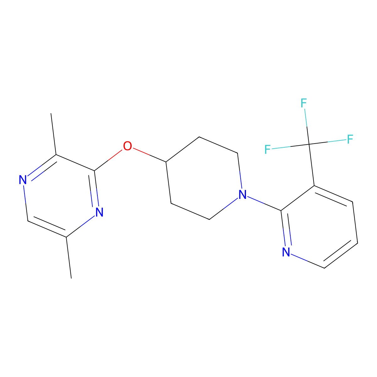 2,5-Dimethyl-3-({1-[3-(trifluoromethyl)pyridin-2-yl]piperidin-4-yl}oxy)pyrazine molecular structure, CAS 2742038-18-0