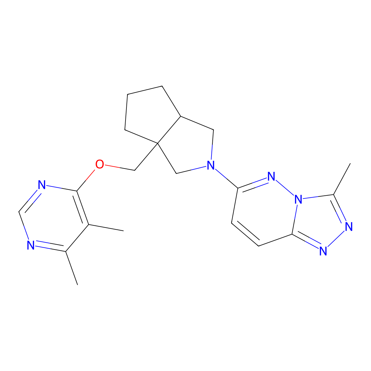 4,5-Dimethyl-6-[(2-{3-methyl-[1,2,4]triazolo[4,3-b]pyridazin-6-yl}-octahydrocyclopenta[c]pyrrol-3a-yl)methoxy]pyrimidine molecular structure, CAS 2742038-24-8