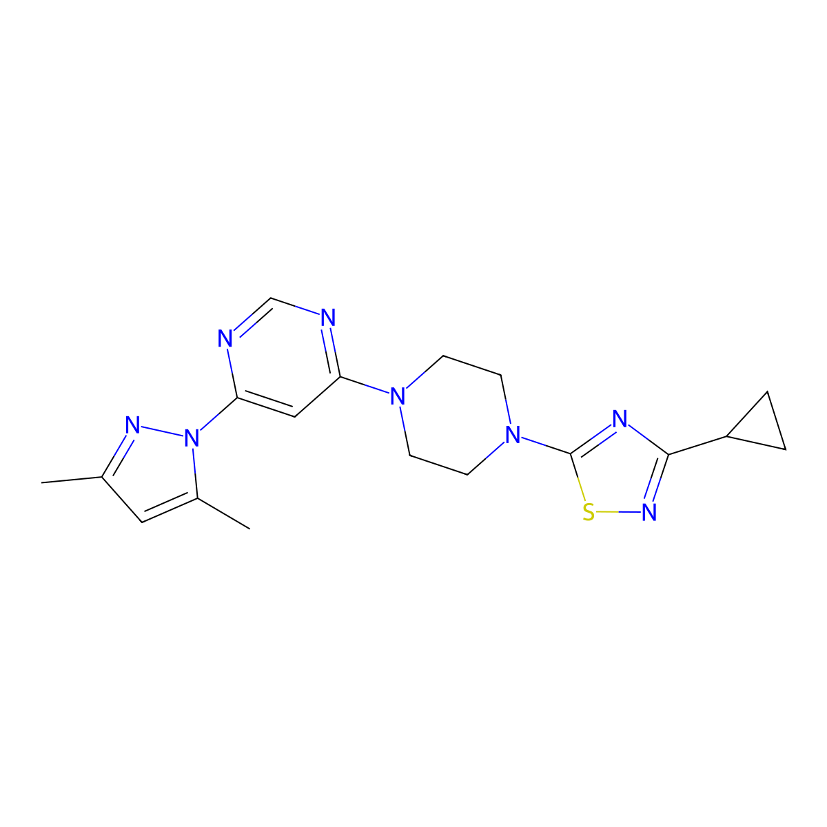 4-[4-(3-cyclopropyl-1,2,4-thiadiazol-5-yl)piperazin-1-yl]-6-(3,5-dimethyl-1H-pyrazol-1-yl)pyrimidine molecular structure, CAS 2742038-32-8