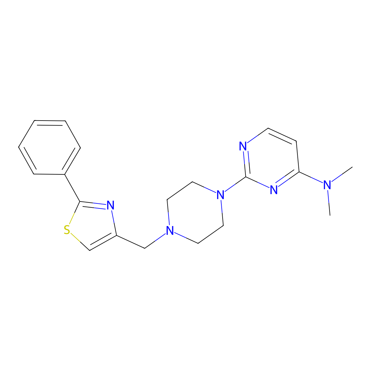 N,N-dimethyl-2-{4-[(2-phenyl-1,3-thiazol-4-yl)methyl]piperazin-1-yl}pyrimidin-4-amine molecular structure, CAS 2742038-35-1