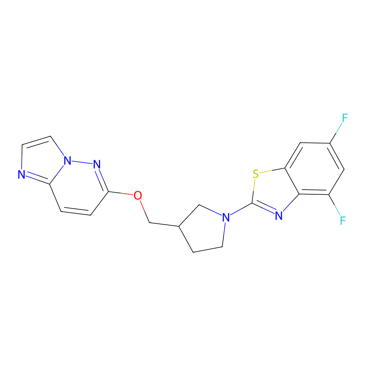 4,6-Difluoro-2-[3-({imidazo[1,2-b]pyridazin-6-yloxy}methyl)pyrrolidin-1-yl]-1,3-benzothiazole molecular structure, CAS 2742038-36-2