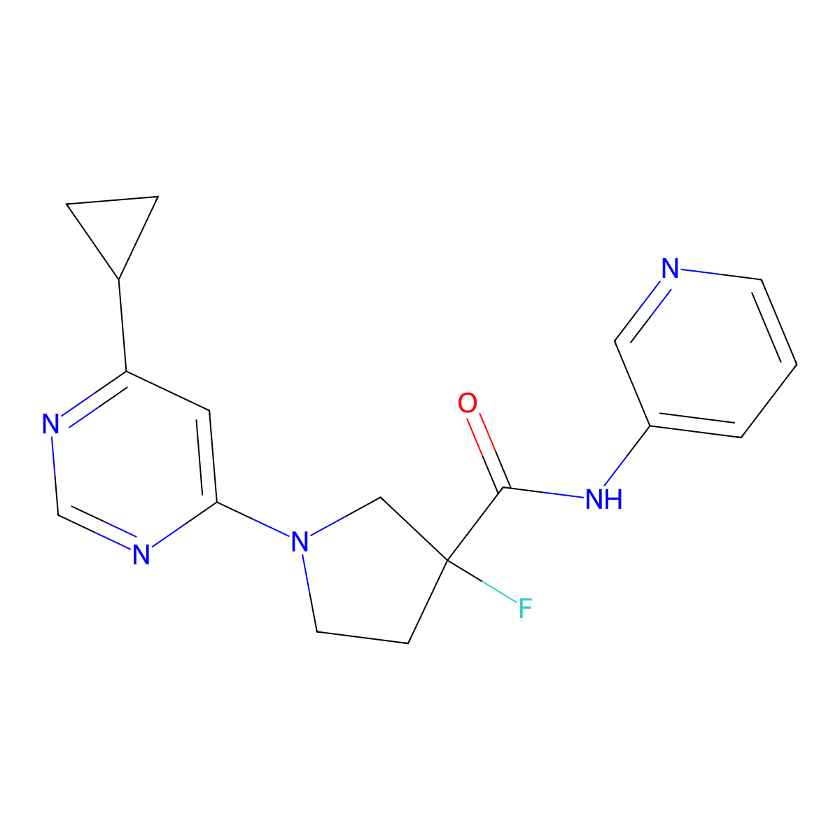 1-(6-cyclopropylpyrimidin-4-yl)-3-fluoro-N-(pyridin-3-yl)pyrrolidine-3-carboxamide molecular structure, CAS 2742038-38-4