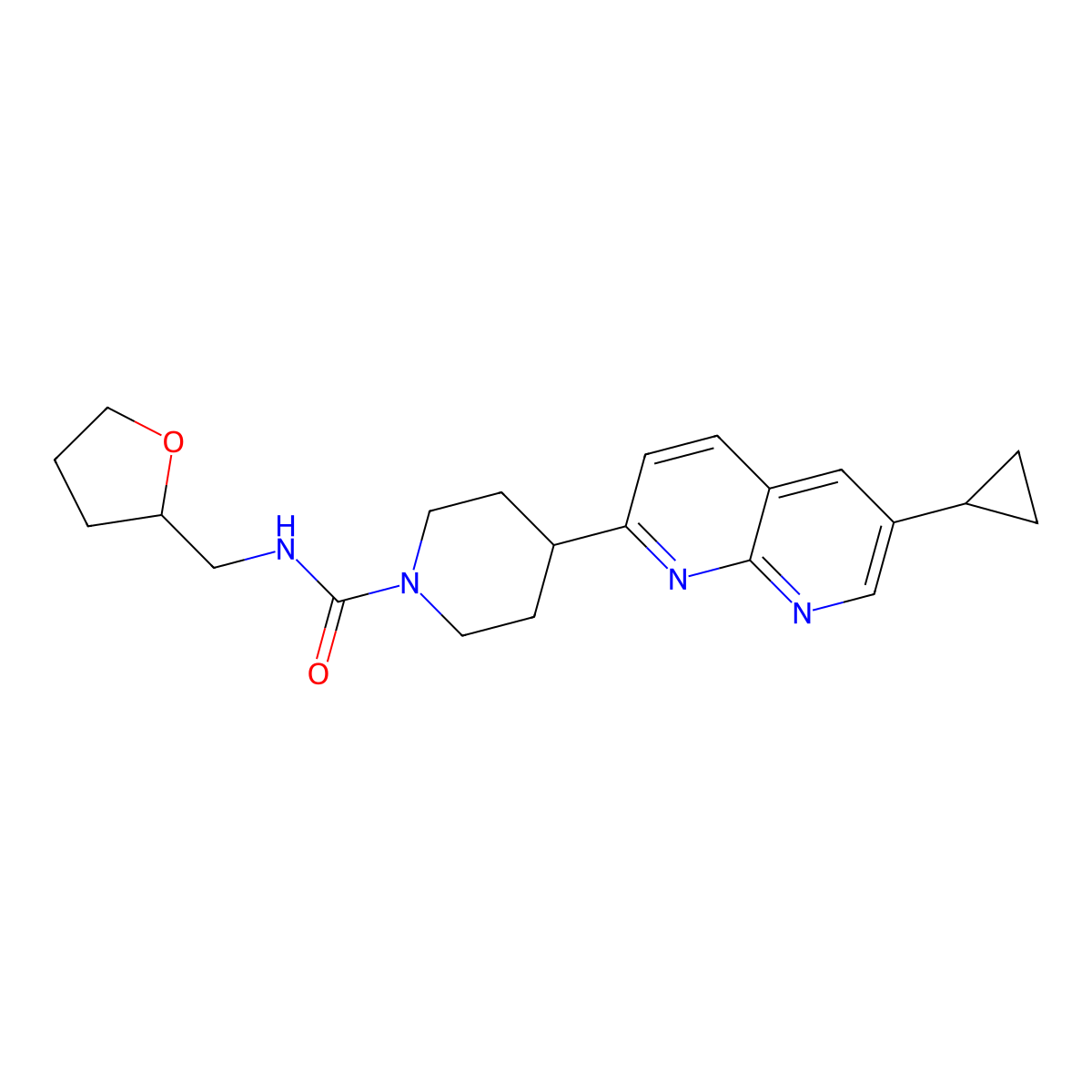 4-(6-cyclopropyl-1,8-naphthyridin-2-yl)-N-[(oxolan-2-yl)methyl]piperidine-1-carboxamide molecular structure, CAS 2742038-46-4