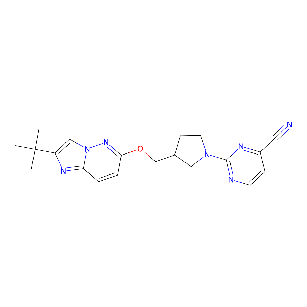 2-{3-[({2-Tert-butylimidazo[1,2-b]pyridazin-6-yl}oxy)methyl]pyrrolidin-1-yl}pyrimidine-4-carbonitrile molecular structure, CAS 2742038-47-5