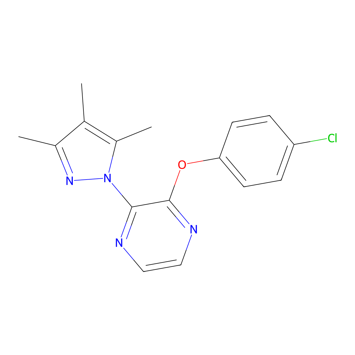 2-(4-chlorophenoxy)-3-(3,4,5-trimethyl-1H-pyrazol-1-yl)pyrazine molecular structure, CAS 2742038-53-3