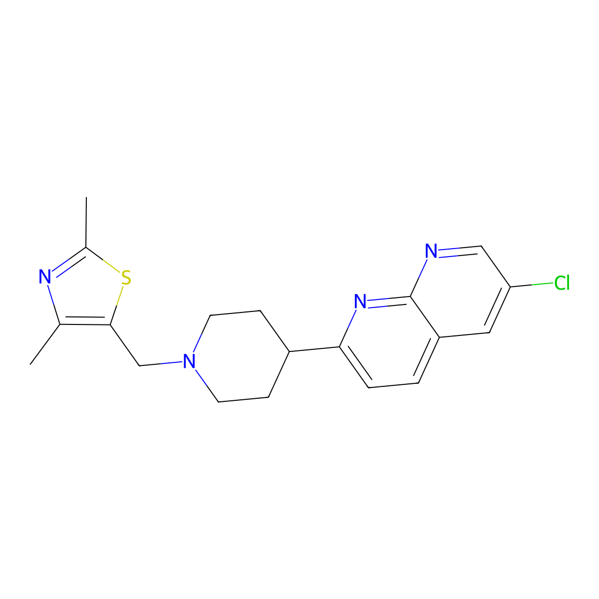 6-Chloro-2-{1-[(2,4-dimethyl-1,3-thiazol-5-yl)methyl]piperidin-4-yl}-1,8-naphthyridine molecular structure, CAS 2742038-54-4